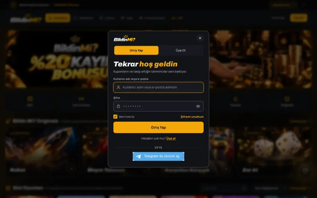 Platformun gerçek giriş penceresi; kullanıcı adı veya e-posta, şifre, Beni hatırla ve Telegram ile oturum aç seçenekleri